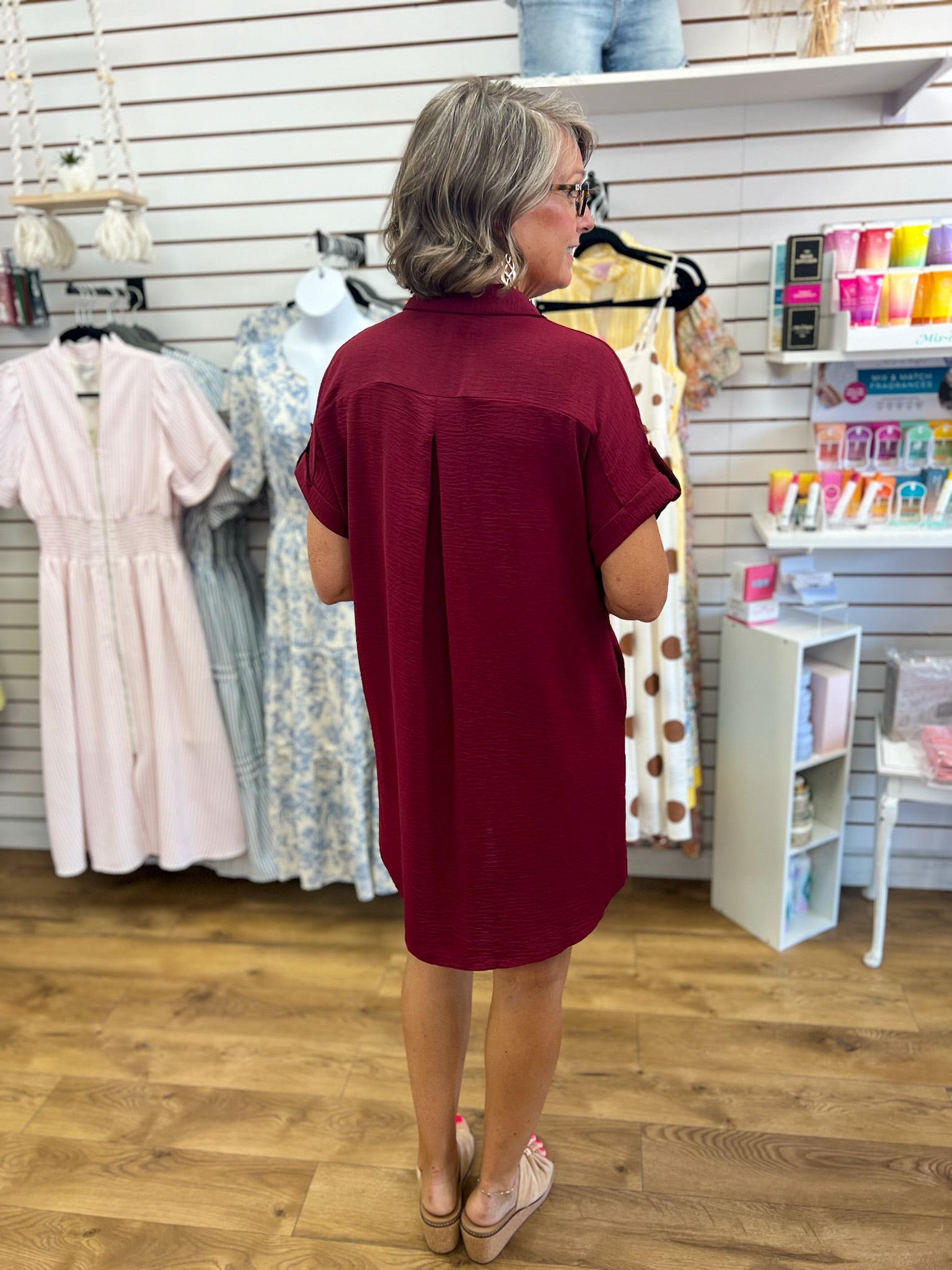 Garnet Button Down Short Sleeve Shirt Dress - A'Bekah's Boutique