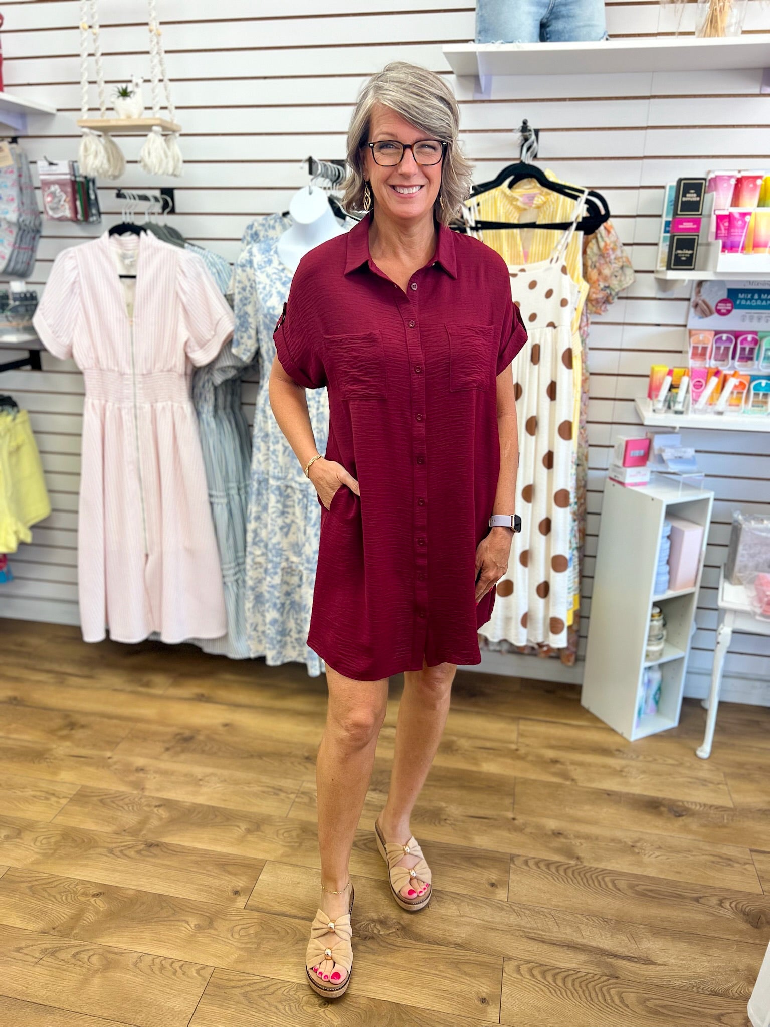 Garnet Button Down Short Sleeve Shirt Dress - A'Bekah's Boutique