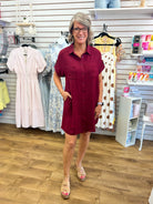 Garnet Button Down Short Sleeve Shirt Dress - A'Bekah's Boutique