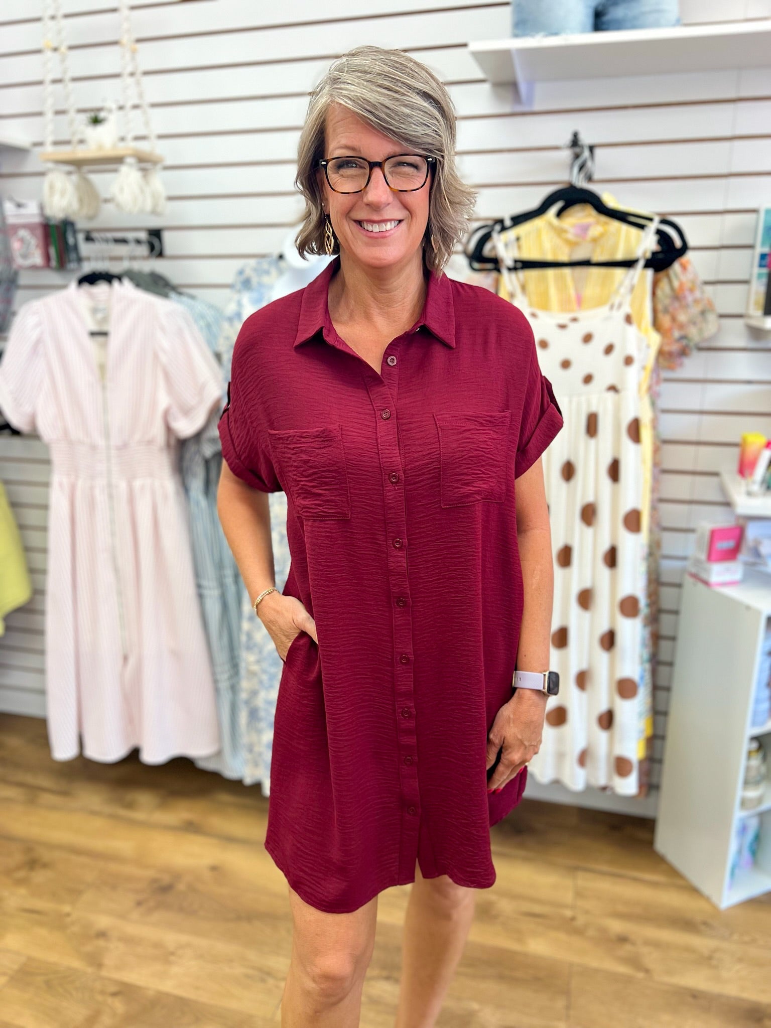 Garnet Button Down Short Sleeve Shirt Dress - A'Bekah's Boutique