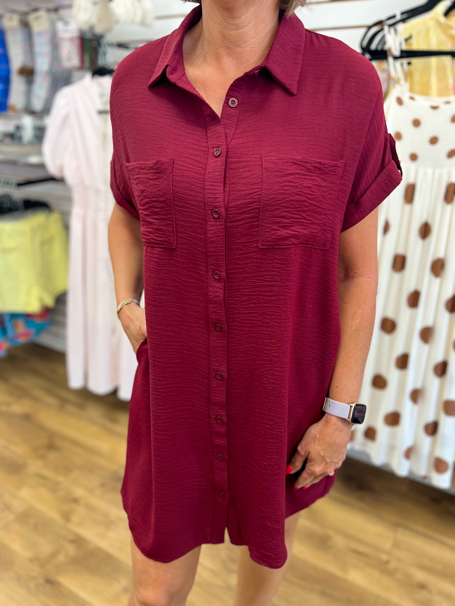 Garnet Button Down Short Sleeve Shirt Dress - A'Bekah's Boutique