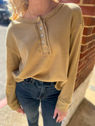 Get Going Khaki Waffle Knit Long Sleeve Henley Top - A'Bekah's Boutique