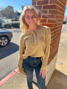 Get Going Khaki Waffle Knit Long Sleeve Henley Top - A'Bekah's Boutique
