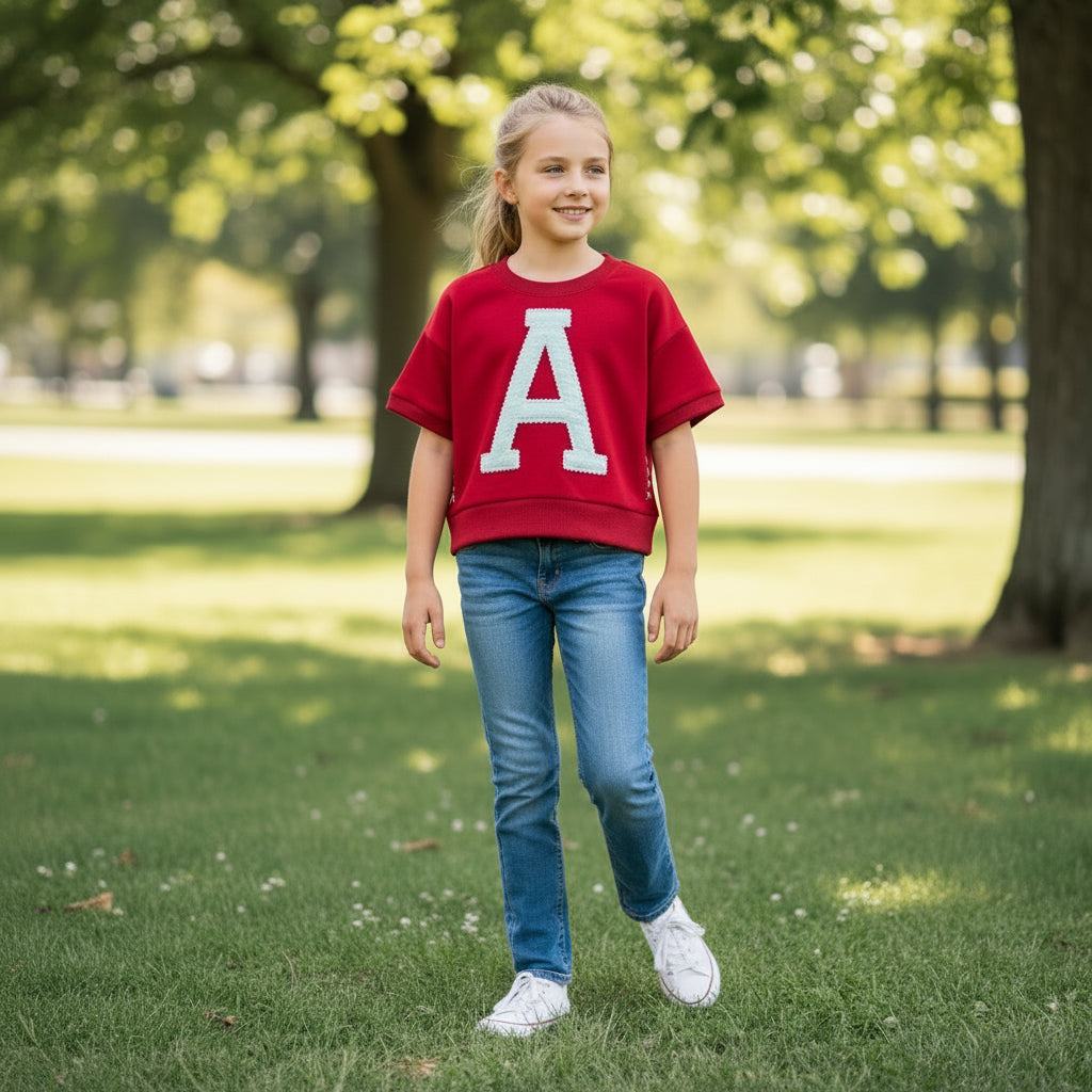 Girls Crimson Vintage Letter Short Sleeve Alabama Top - A'Bekah's Boutique