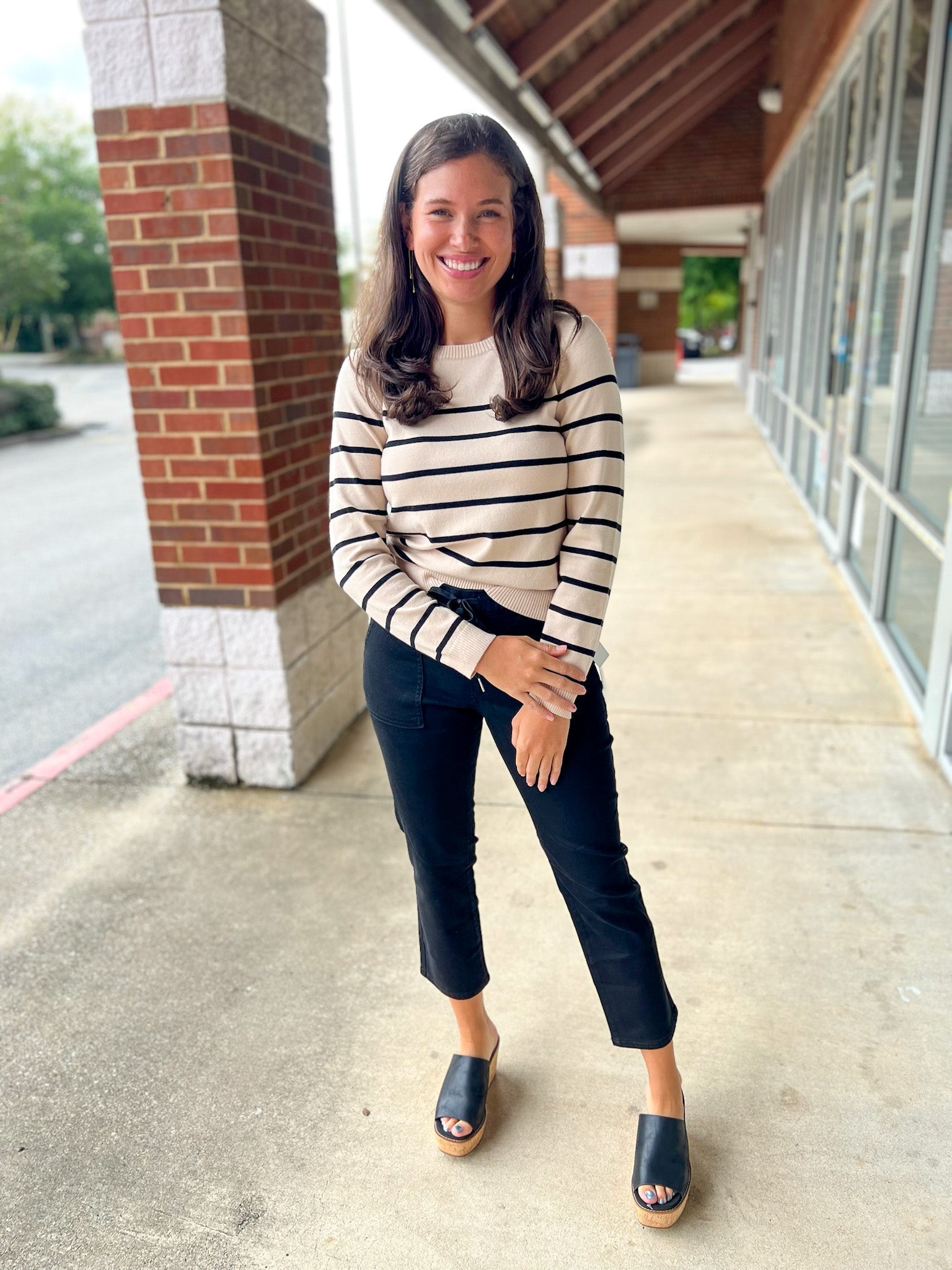 Give Me A Minute Sand Sweater with Black Stripes - A'Bekah's Boutique