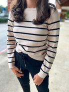Give Me A Minute Sand Sweater with Black Stripes - A'Bekah's Boutique
