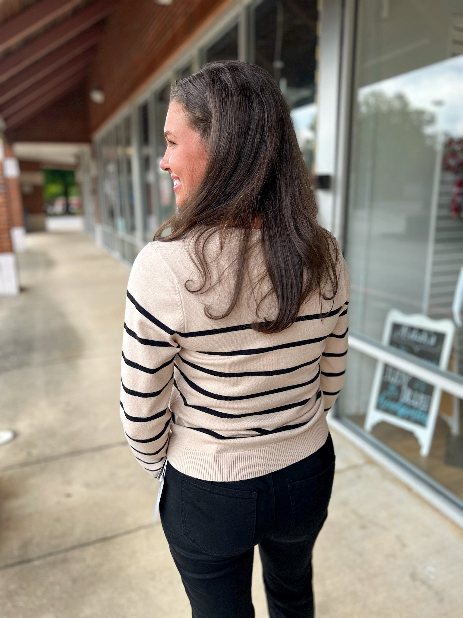 Give Me A Minute Sand Sweater with Black Stripes - A'Bekah's Boutique