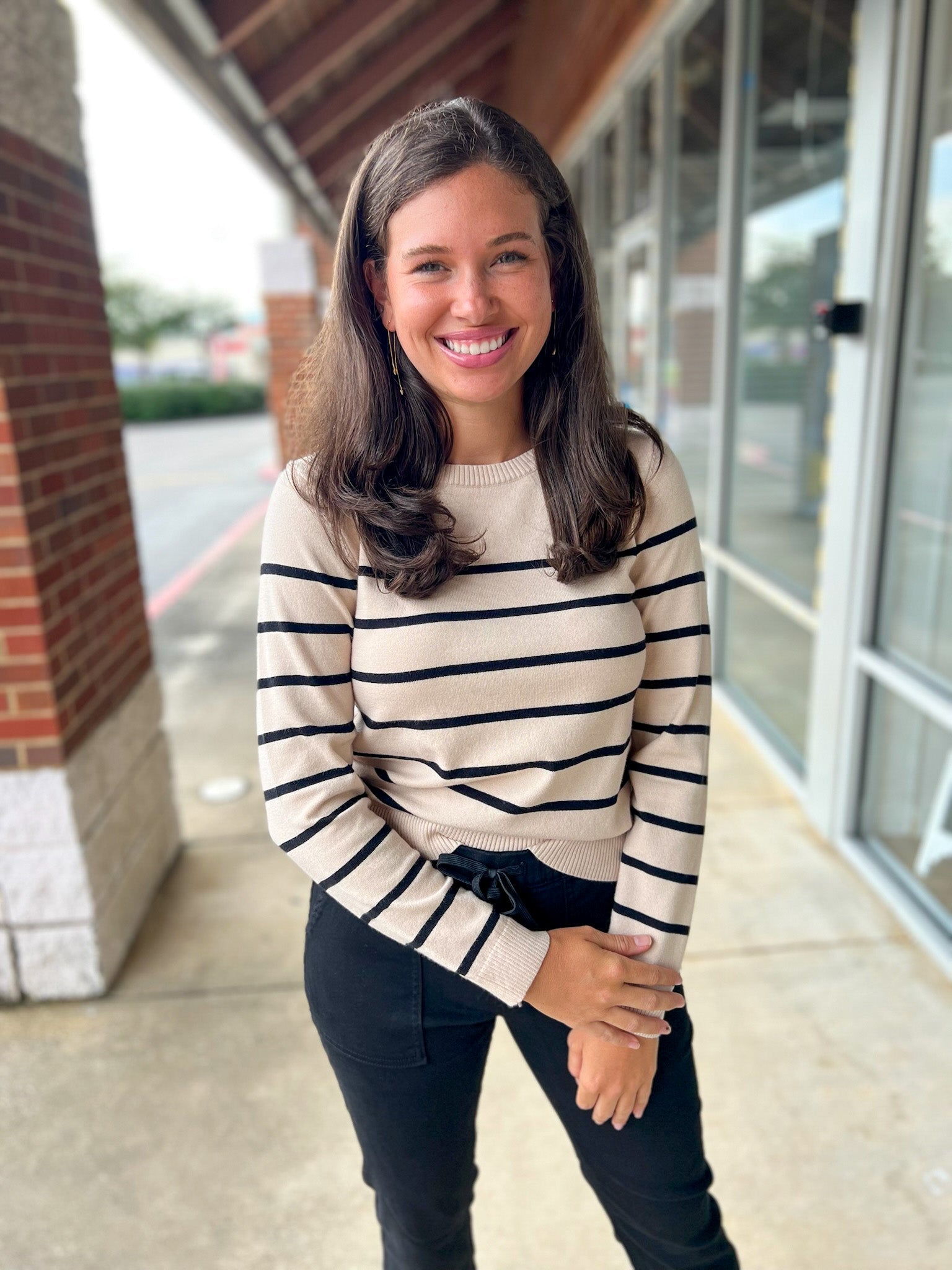 Give Me A Minute Sand Sweater with Black Stripes - A'Bekah's Boutique