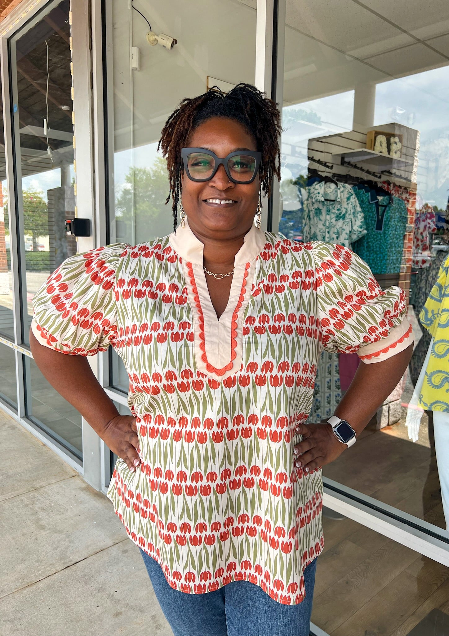 Going With It Ecru Floral V - Neck Top with Banded Puff Sleeves (C) - A'Bekah's Boutique