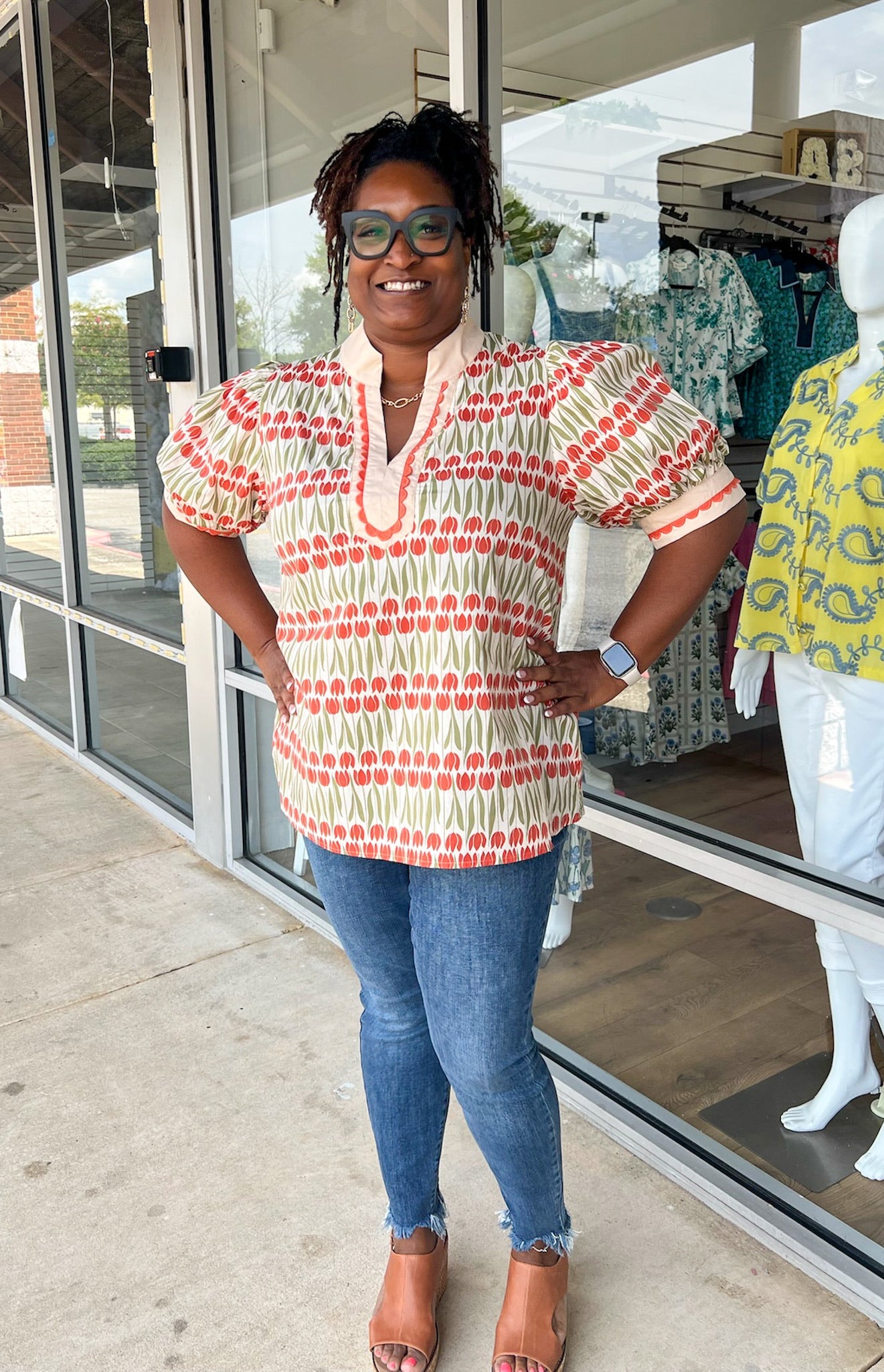 Going With It Ecru Floral V - Neck Top with Banded Puff Sleeves (C) - A'Bekah's Boutique