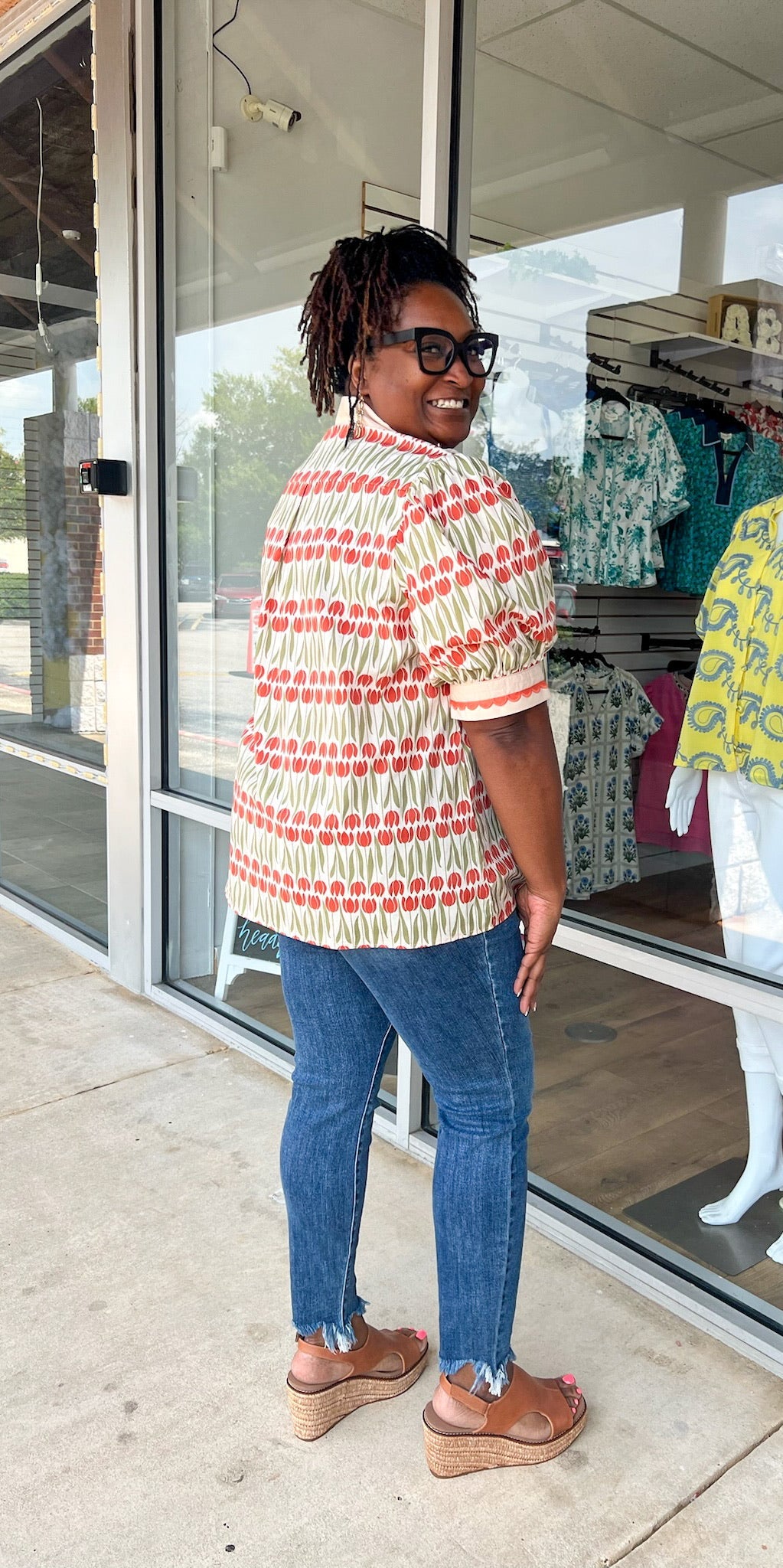 Going With It Ecru Floral V - Neck Top with Banded Puff Sleeves (C) - A'Bekah's Boutique