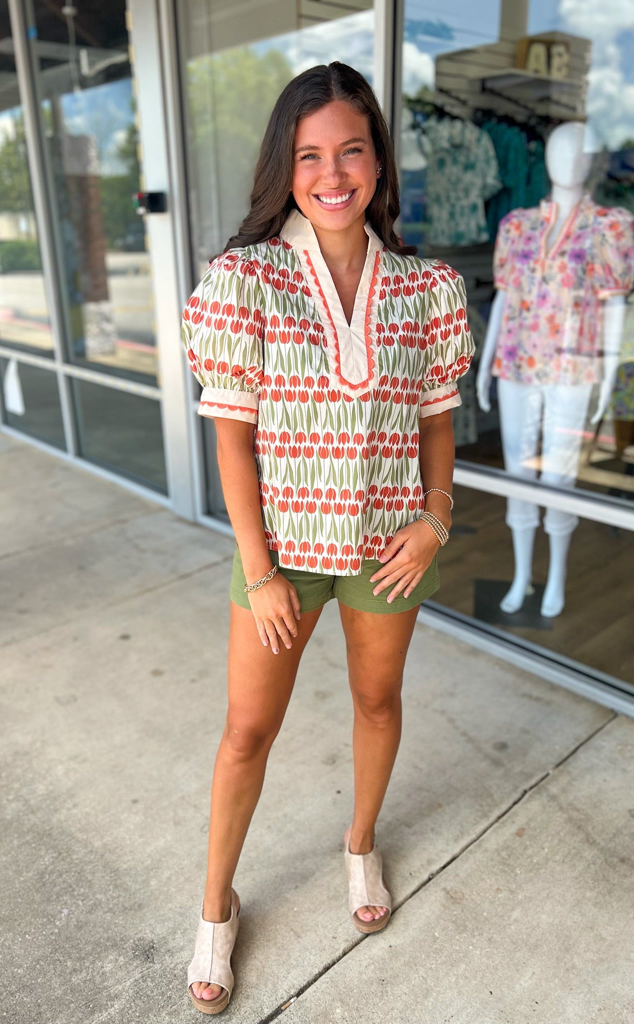 Going With It Ecru Floral V - Neck Top with Banded Puff Sleeves (R) - A'Bekah's Boutique