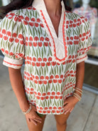Going With It Ecru Floral V - Neck Top with Banded Puff Sleeves (R) - A'Bekah's Boutique