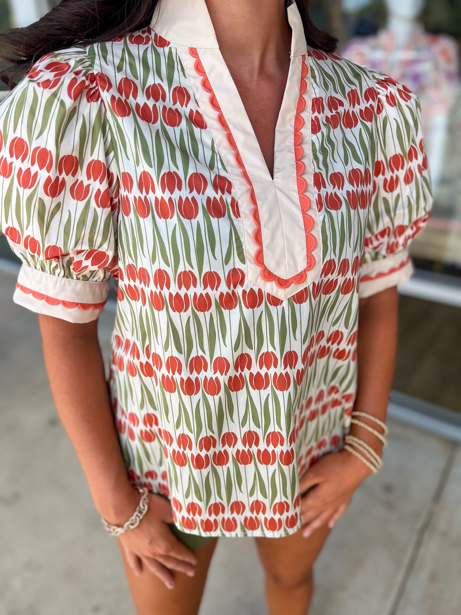Going With It Ecru Floral V - Neck Top with Banded Puff Sleeves (R) - A'Bekah's Boutique
