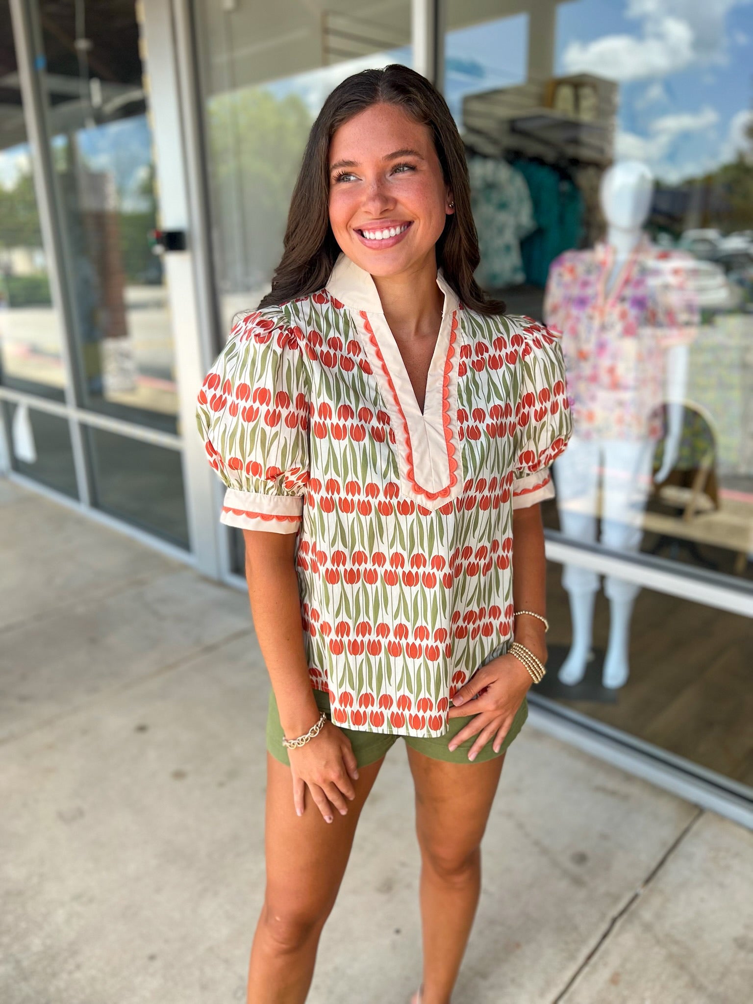 Going With It Ecru Floral V - Neck Top with Banded Puff Sleeves (R) - A'Bekah's Boutique