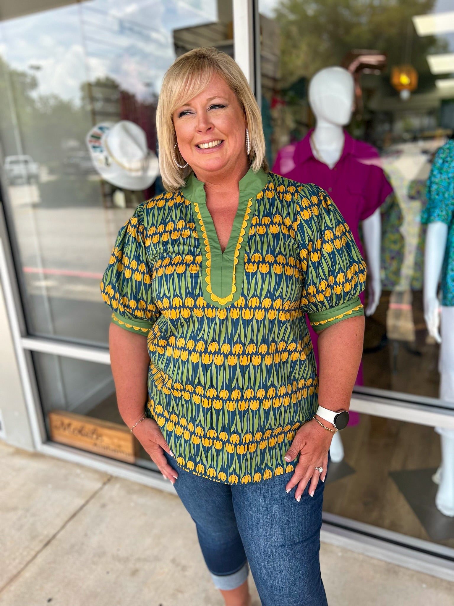 Going With It Teal Floral V - Neck Top with Banded Puff Sleeves (C) - A'Bekah's Boutique