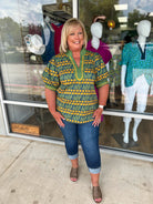 Going With It Teal Floral V - Neck Top with Banded Puff Sleeves (C) - A'Bekah's Boutique