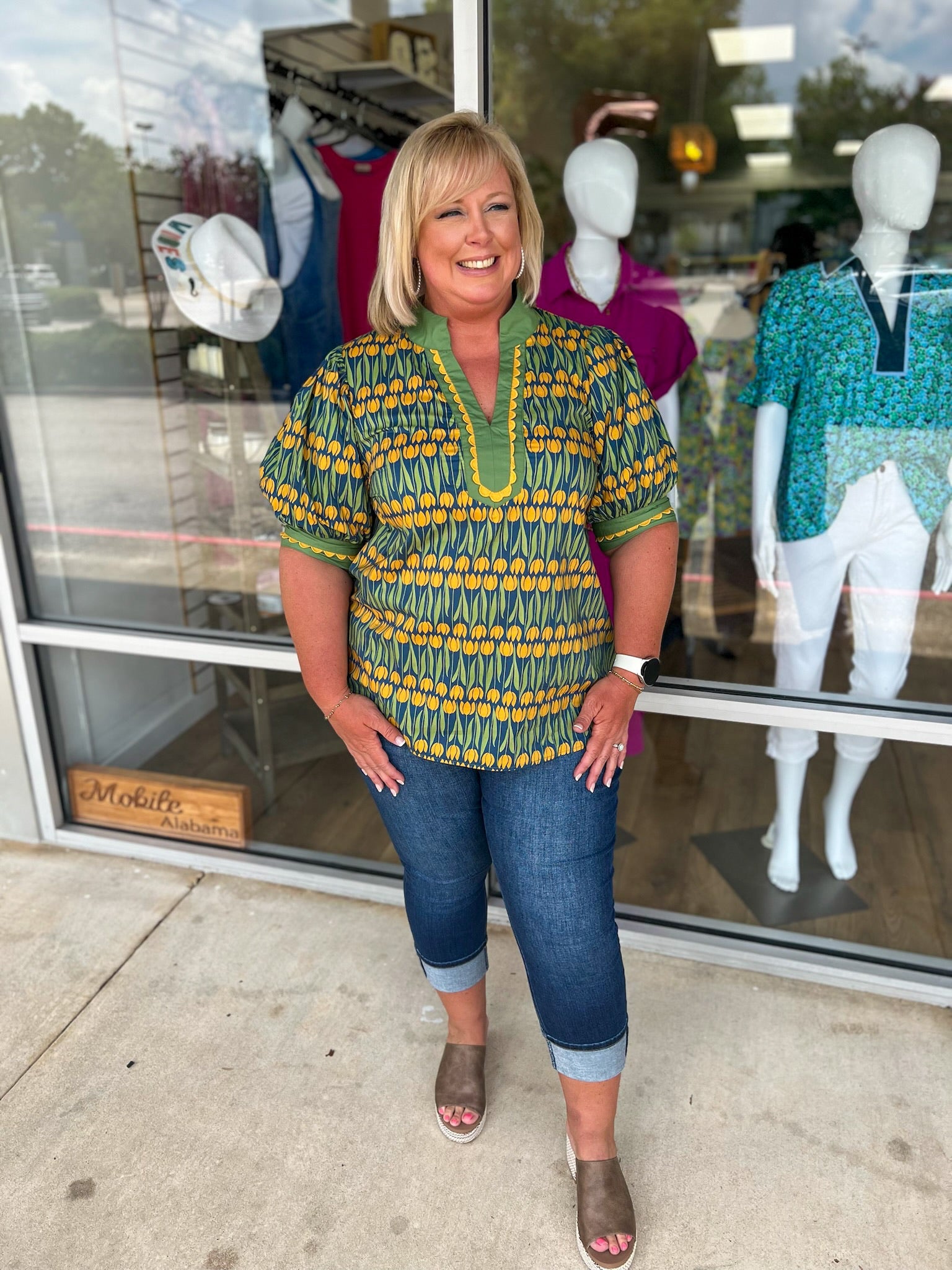 Going With It Teal Floral V - Neck Top with Banded Puff Sleeves (C) - A'Bekah's Boutique