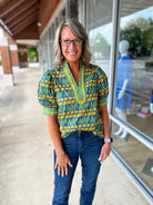 Going With It Teal Floral V - Neck Top with Banded Puff Sleeves (R) - A'Bekah's Boutique