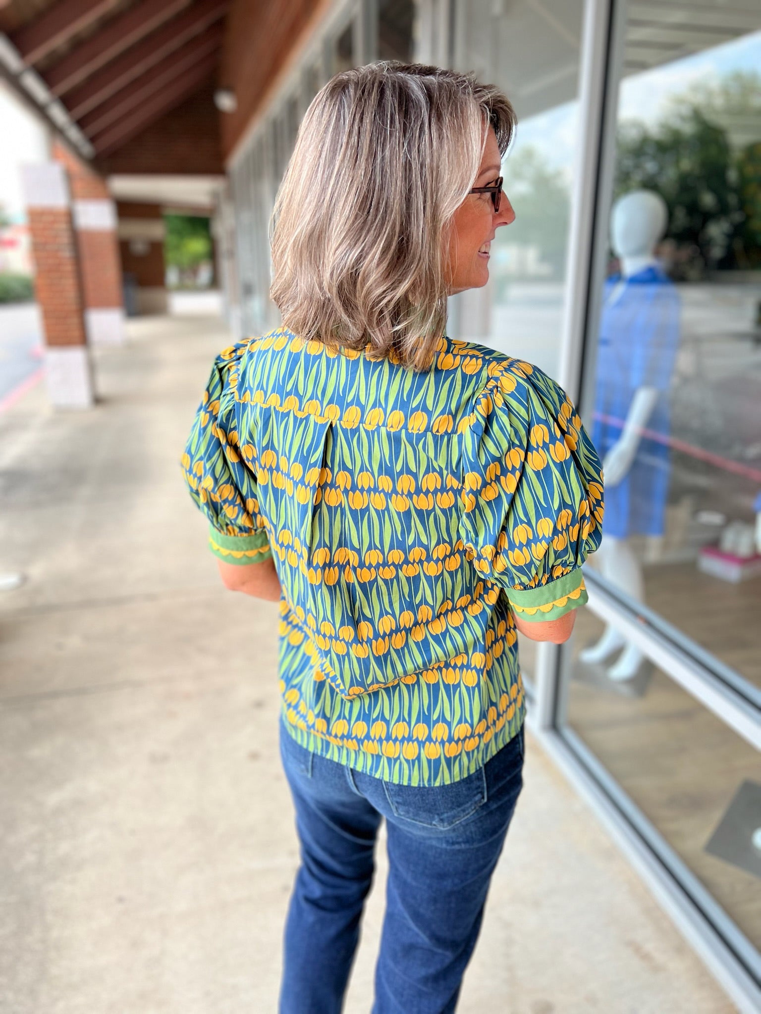 Going With It Teal Floral V - Neck Top with Banded Puff Sleeves (R) - A'Bekah's Boutique