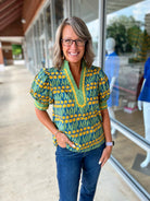 Going With It Teal Floral V - Neck Top with Banded Puff Sleeves (R) - A'Bekah's Boutique
