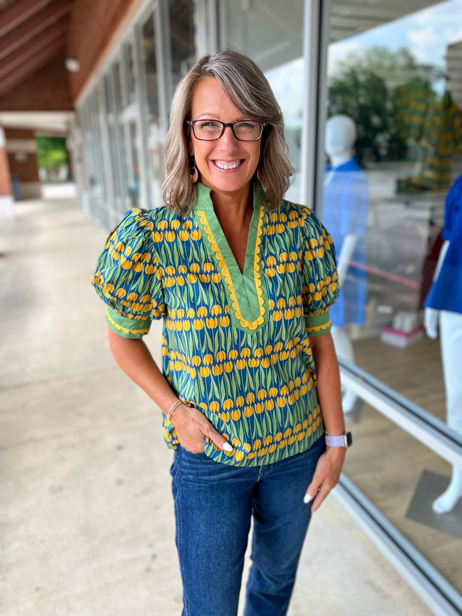 Going With It Teal Floral V - Neck Top with Banded Puff Sleeves (R) - A'Bekah's Boutique