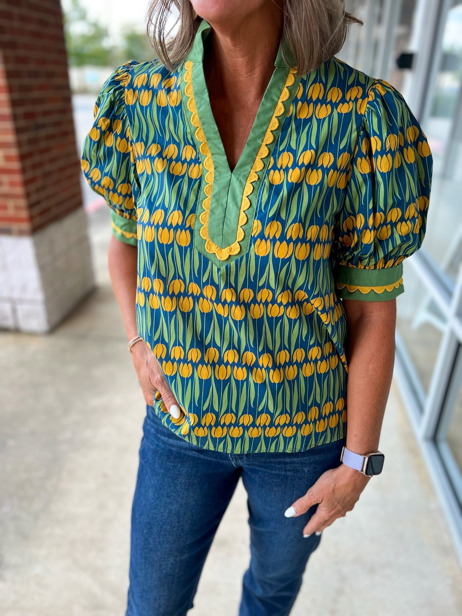 Going With It Teal Floral V - Neck Top with Banded Puff Sleeves (R) - A'Bekah's Boutique