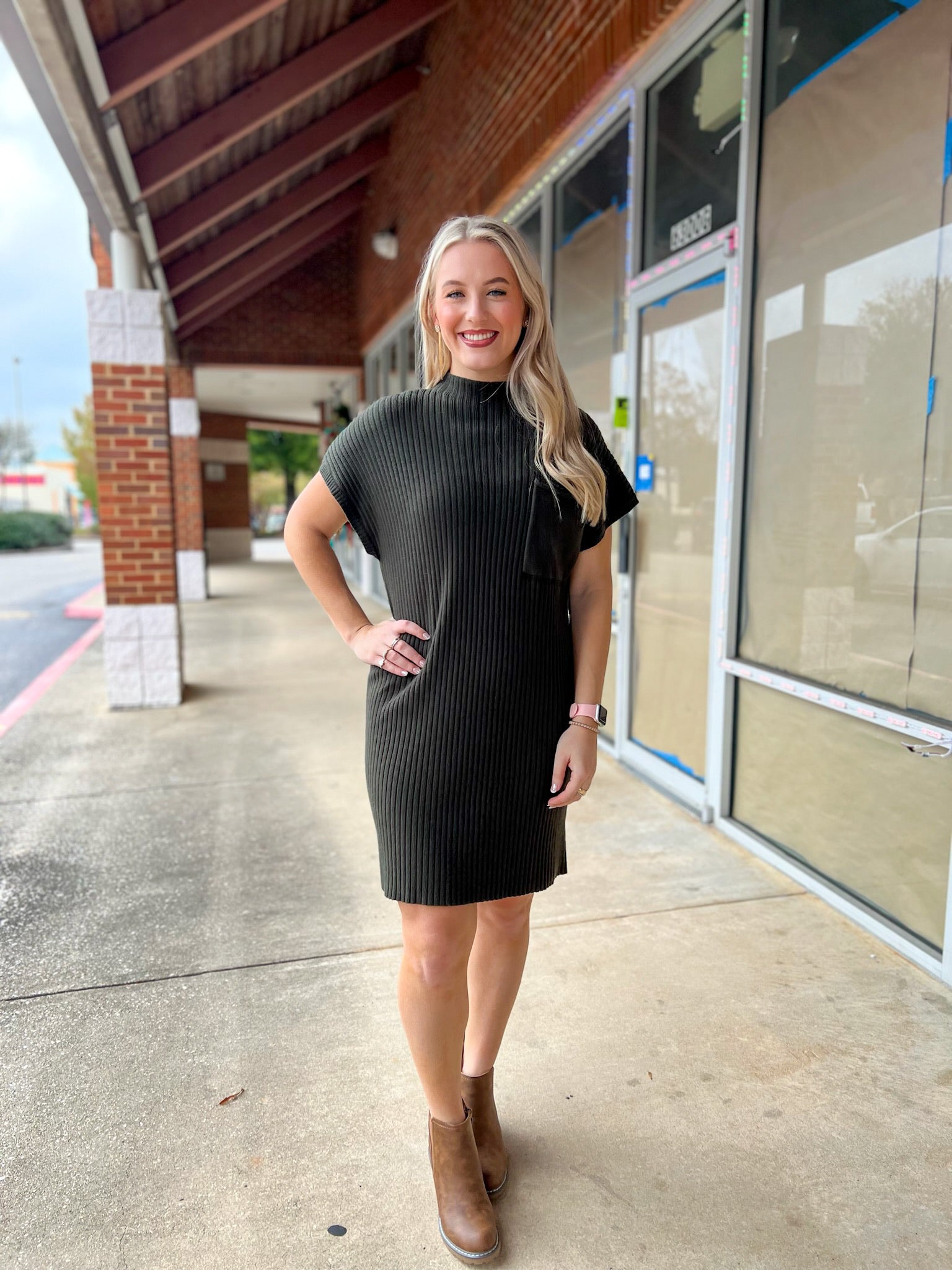 Greatest Of All Time Olive Drop Shoulder Fitted Sweater Dress with Chest Pocket - A'Bekah's Boutique