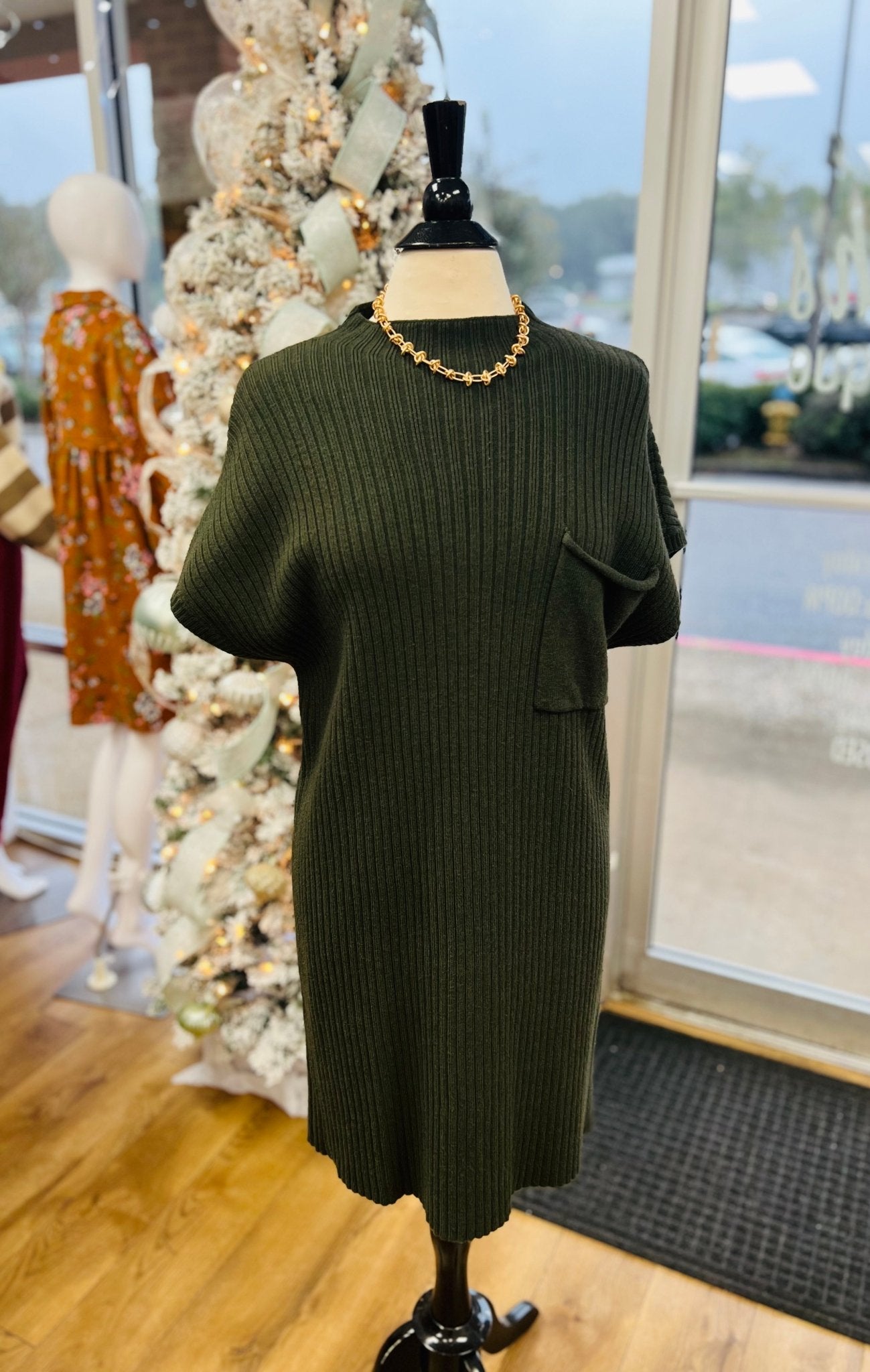 Greatest Of All Time Olive Drop Shoulder Fitted Sweater Dress with Chest Pocket - A'Bekah's Boutique