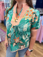 Green Abstract Floral Patchwork Top - A'Bekah's Boutique