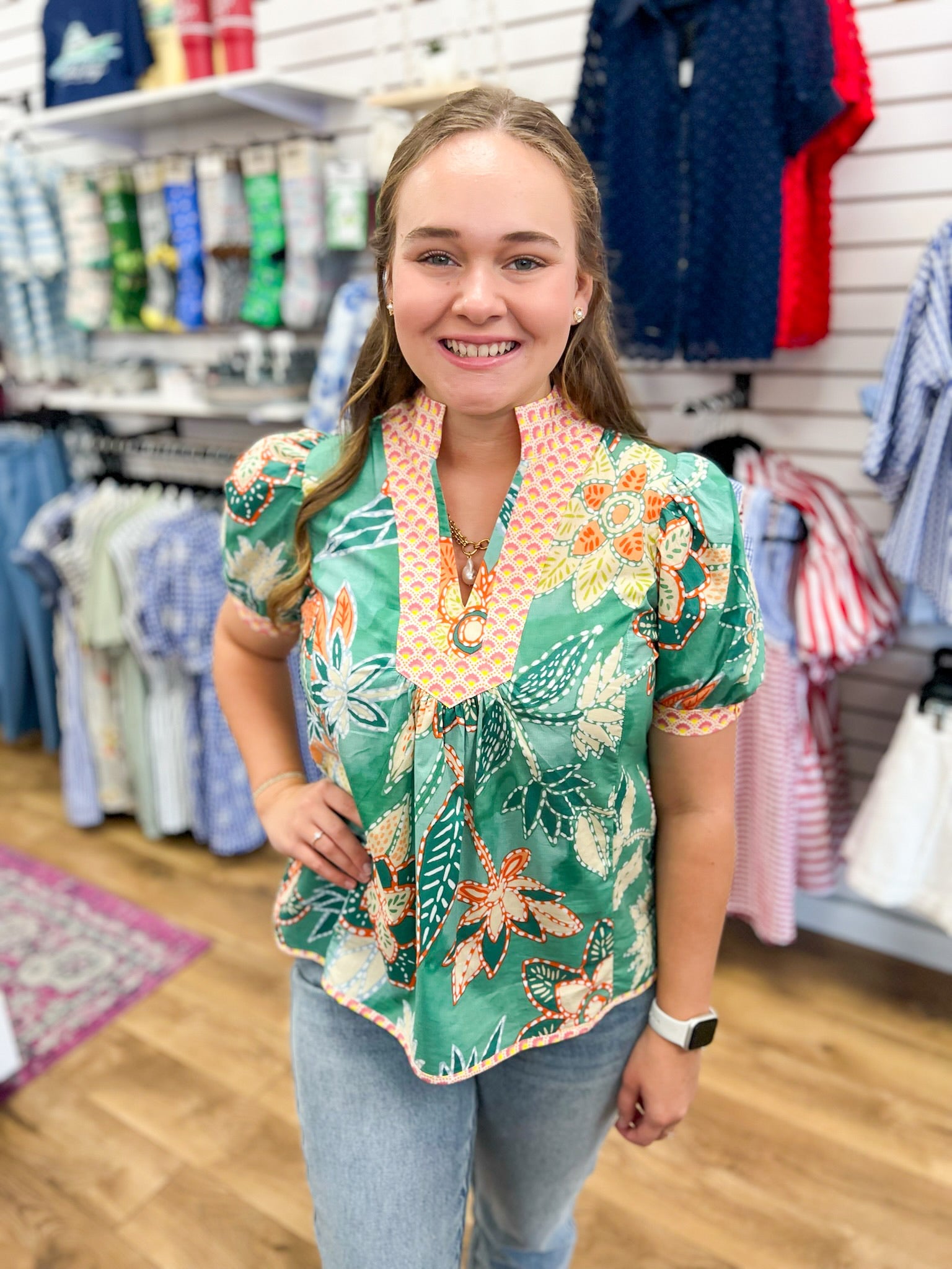 Green Abstract Floral Patchwork Top - A'Bekah's Boutique