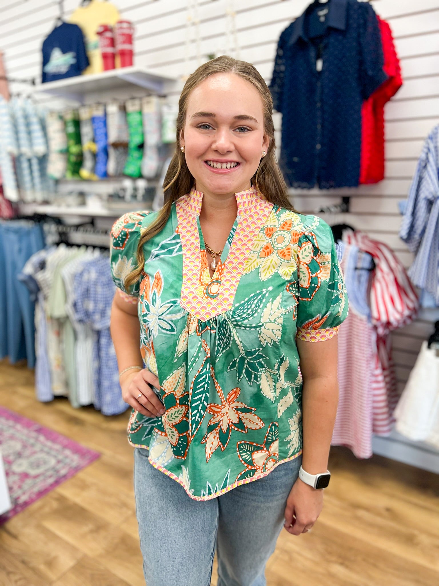 Green Abstract Floral Patchwork Top - A'Bekah's Boutique