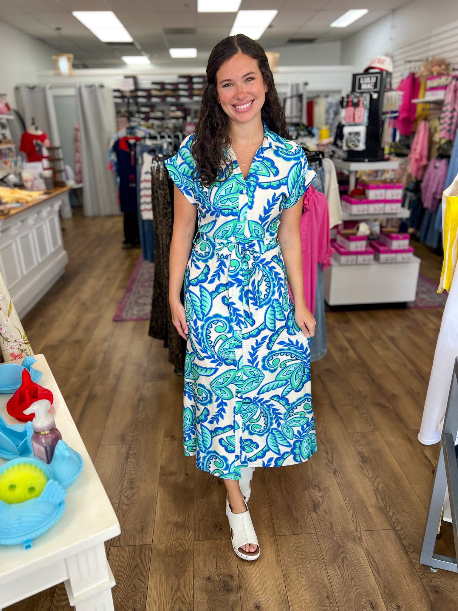 Green and Blue Paisley Tie Waist Midi Dress - A'Bekah's Boutique