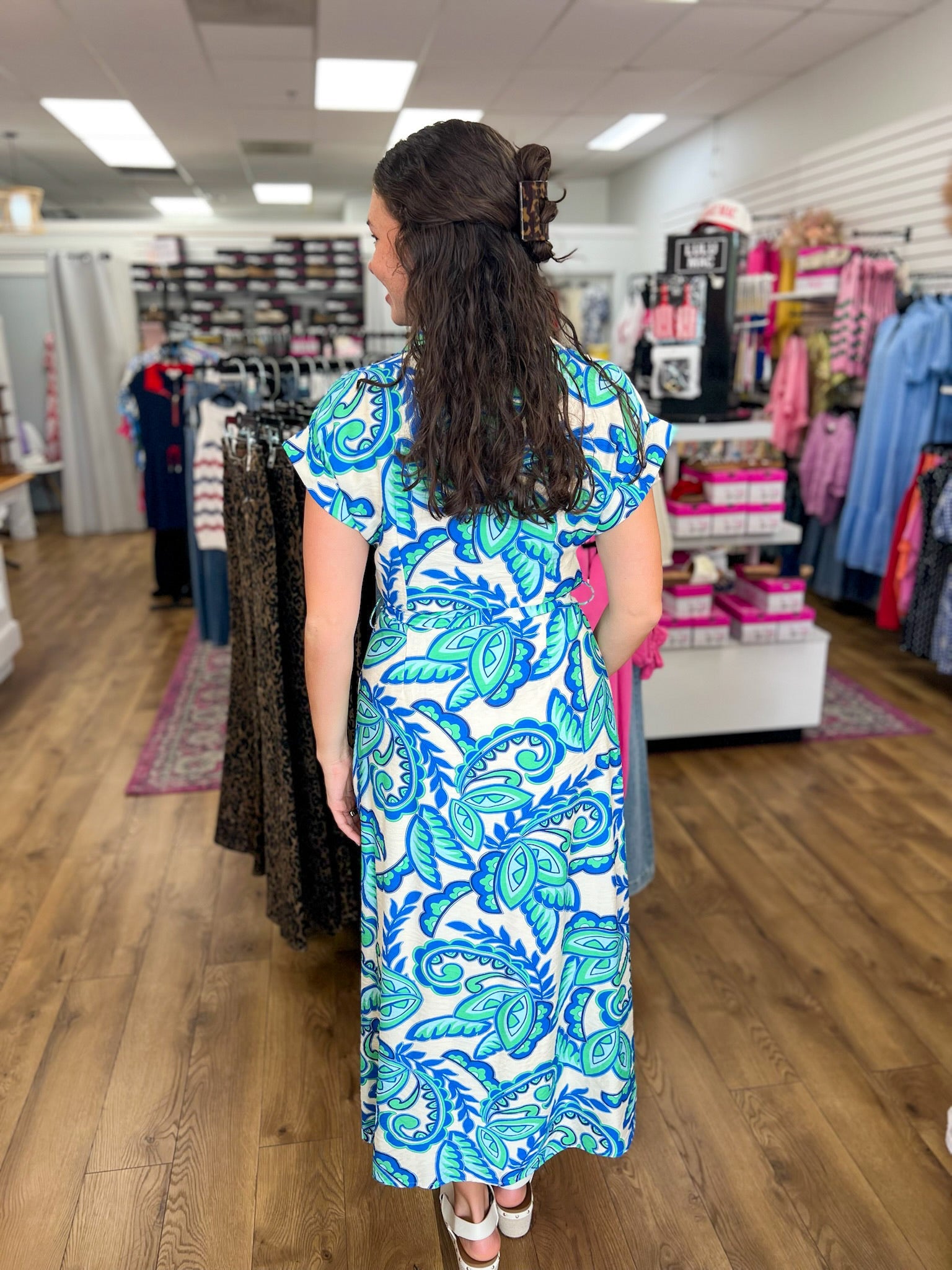 Green and Blue Paisley Tie Waist Midi Dress - A'Bekah's Boutique