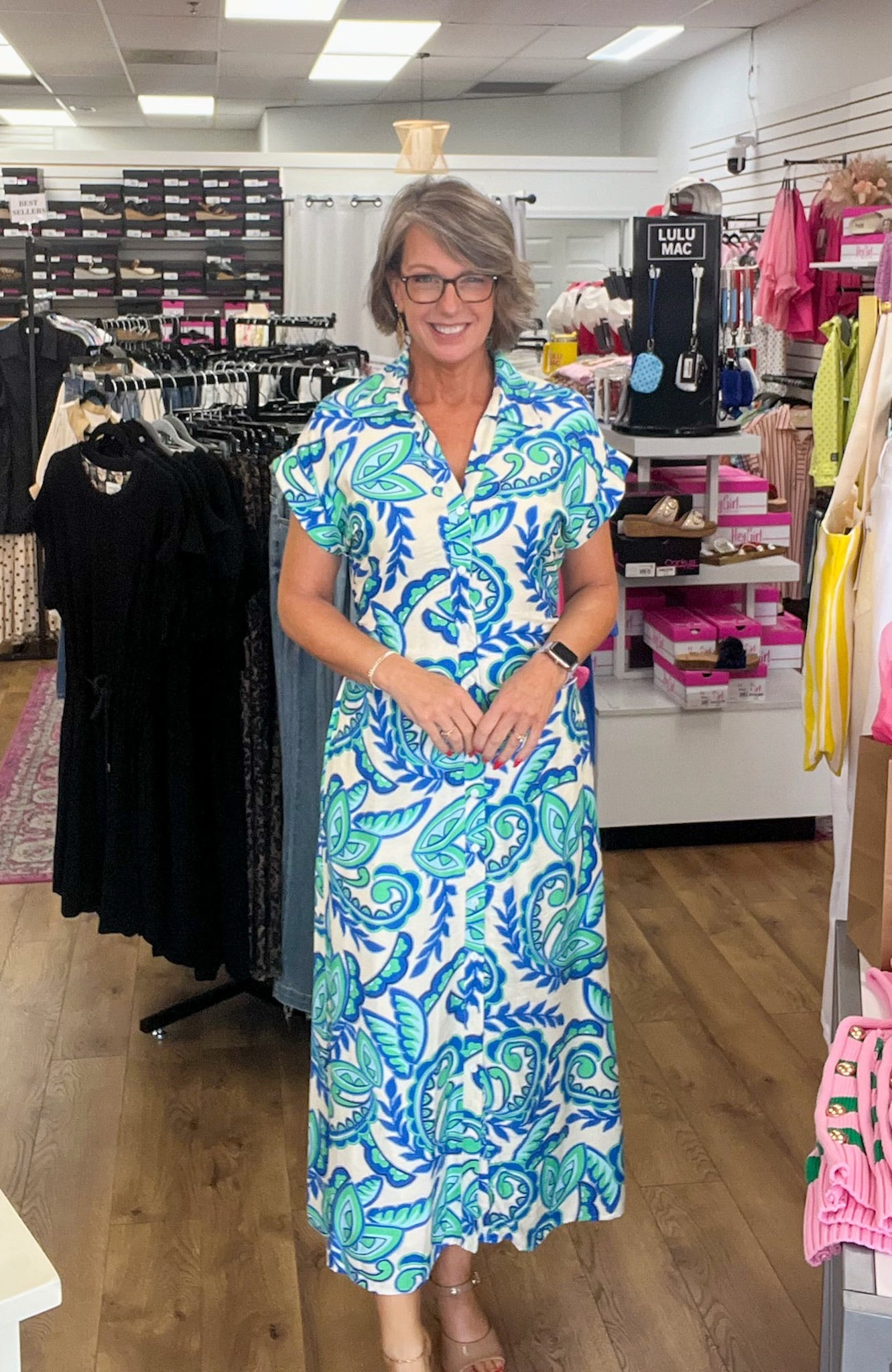 Green and Blue Paisley Tie Waist Midi Dress - A'Bekah's Boutique