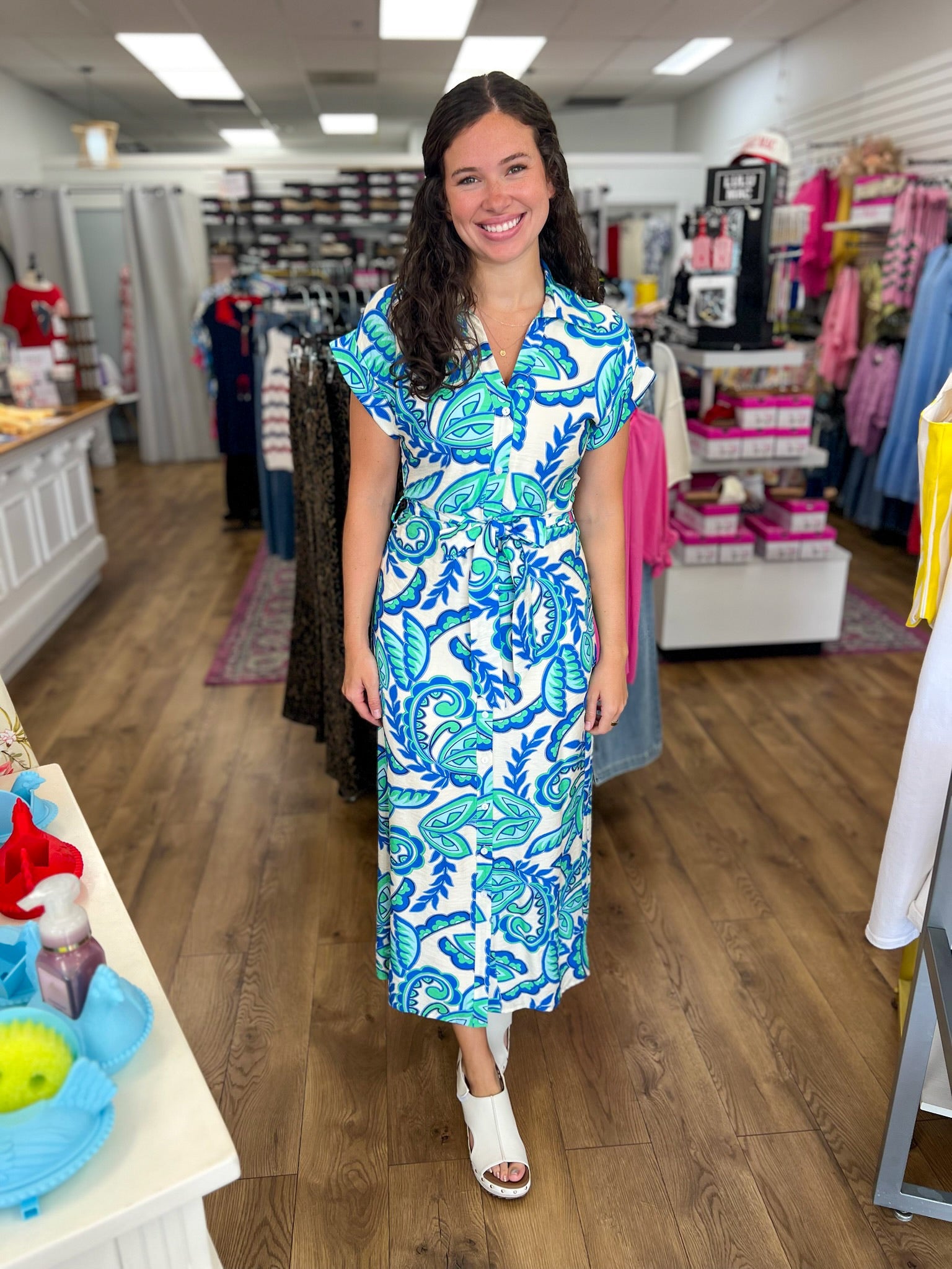 Green and Blue Paisley Tie Waist Midi Dress - A'Bekah's Boutique