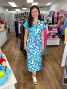Green and Blue Paisley Tie Waist Midi Dress - A'Bekah's Boutique