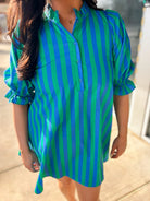 Green and Blue Striped 3/4 Puff Sleeve Dress with Self - Tie in the Back - A'Bekah's Boutique