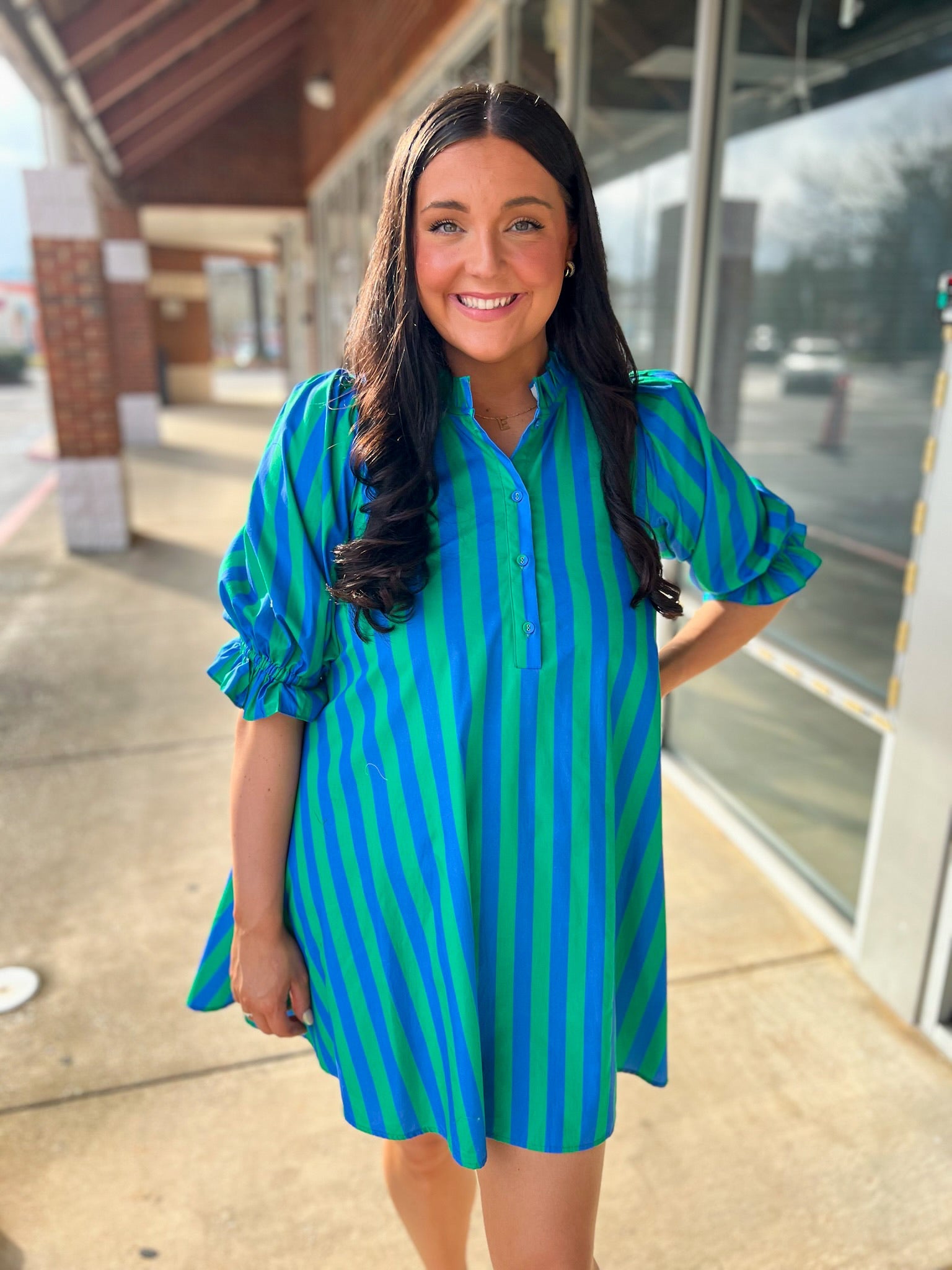 Green and Blue Striped 3/4 Puff Sleeve Dress with Self - Tie in the Back - A'Bekah's Boutique