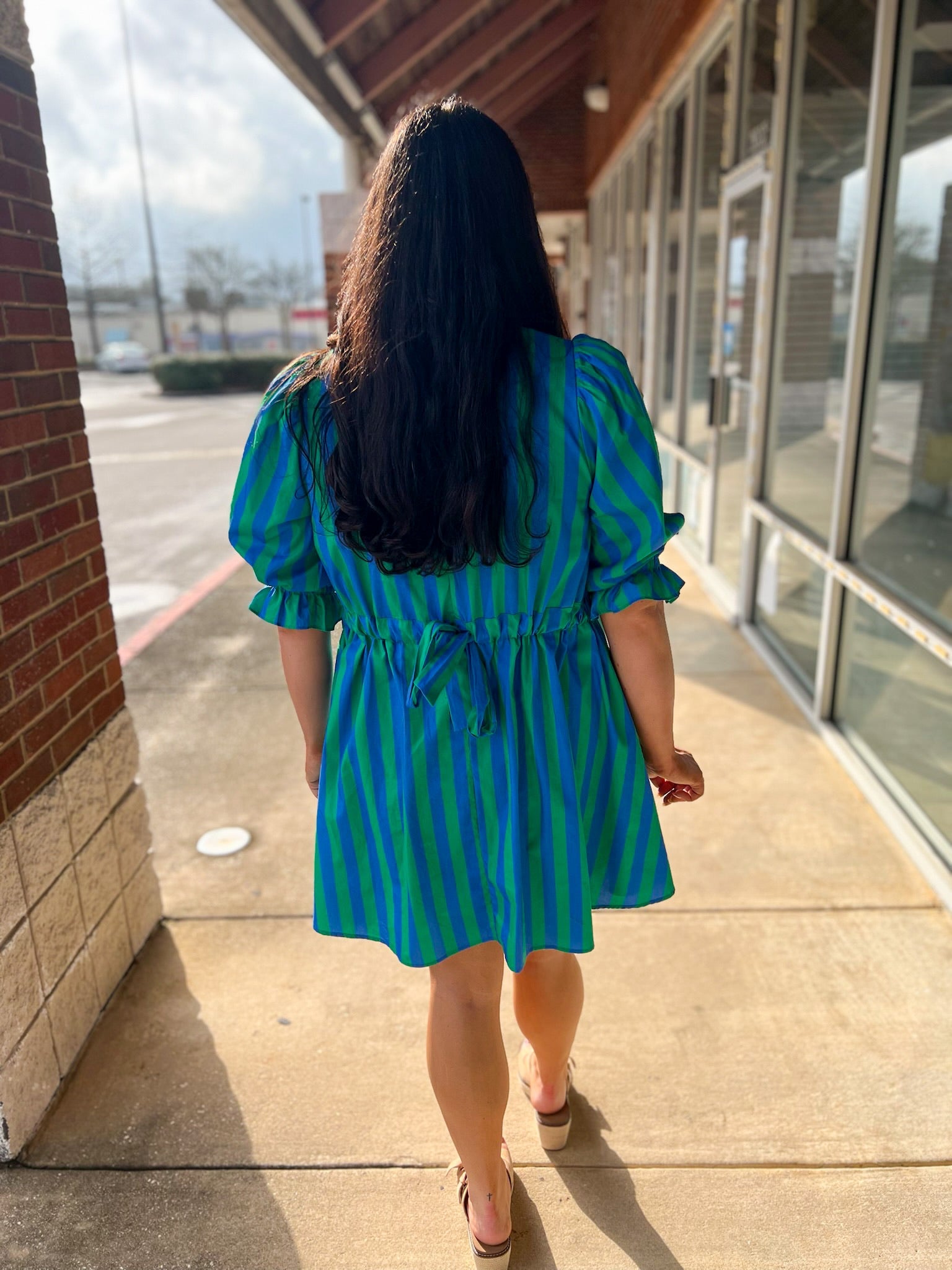 Green and Blue Striped 3/4 Puff Sleeve Dress with Self - Tie in the Back - A'Bekah's Boutique