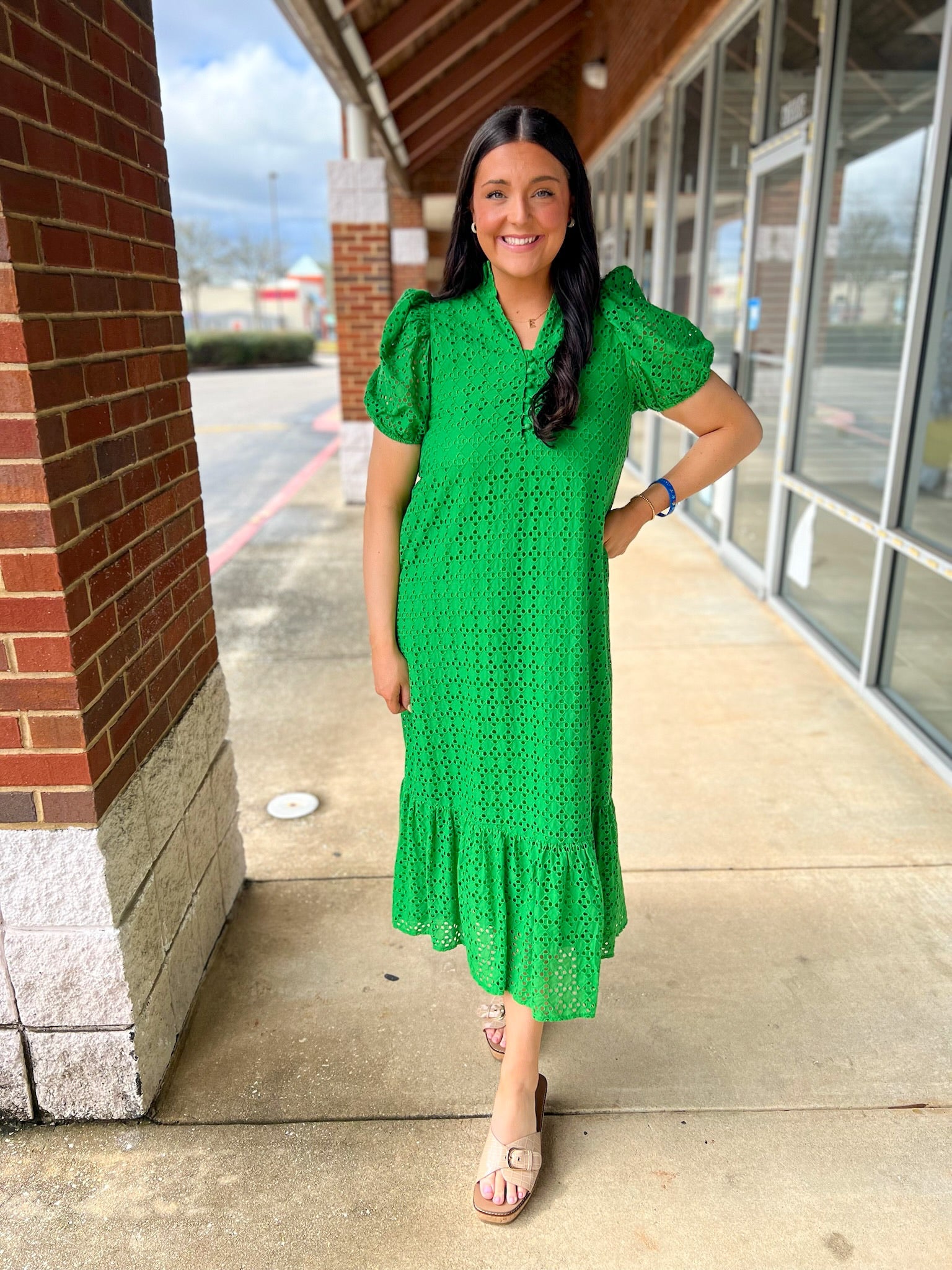 Green Eyelet V - Neck Midi Dress with Short Puff Sleeves - A'Bekah's Boutique