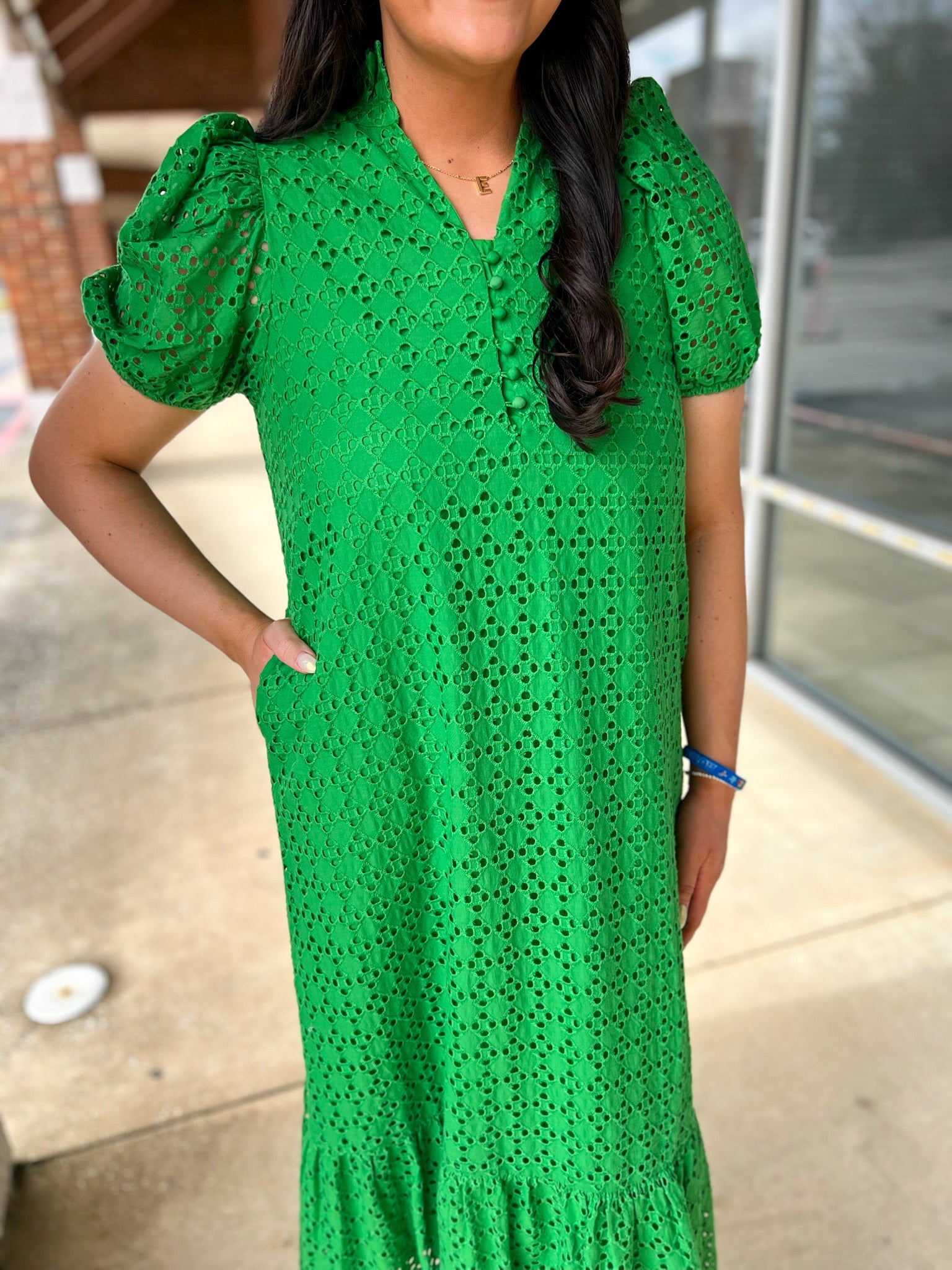 Green Eyelet V - Neck Midi Dress with Short Puff Sleeves - A'Bekah's Boutique
