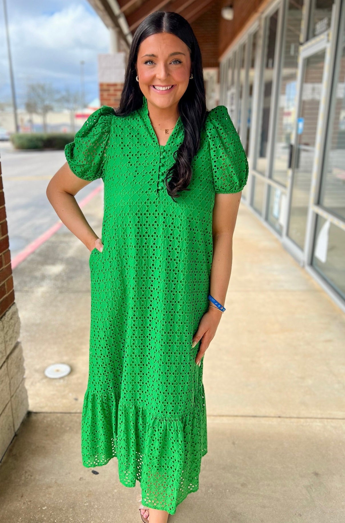 Green Eyelet V - Neck Midi Dress with Short Puff Sleeves - A'Bekah's Boutique
