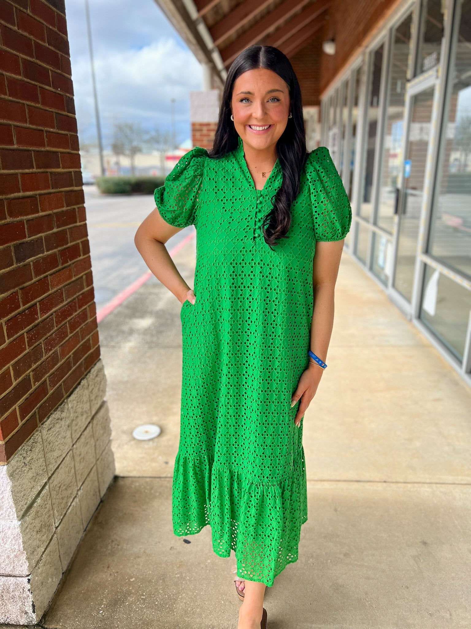 Green Eyelet V - Neck Midi Dress with Short Puff Sleeves - A'Bekah's Boutique
