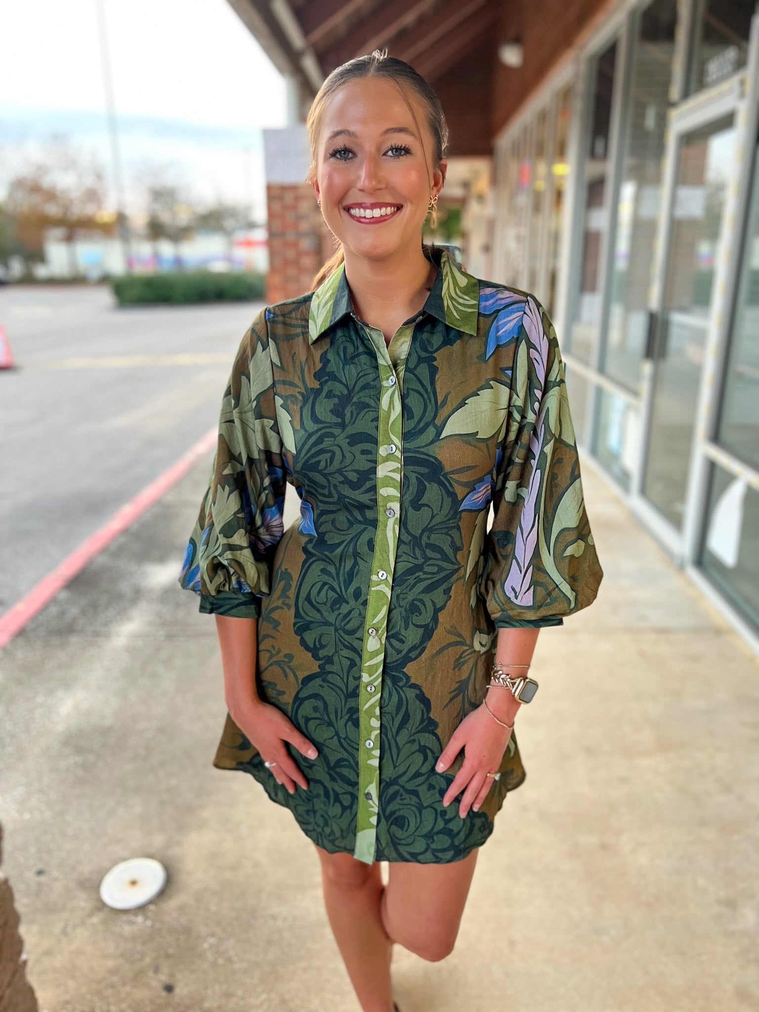 Green Floral Half Puff Sleeve Dress with Waist Tie - A'Bekah's Boutique