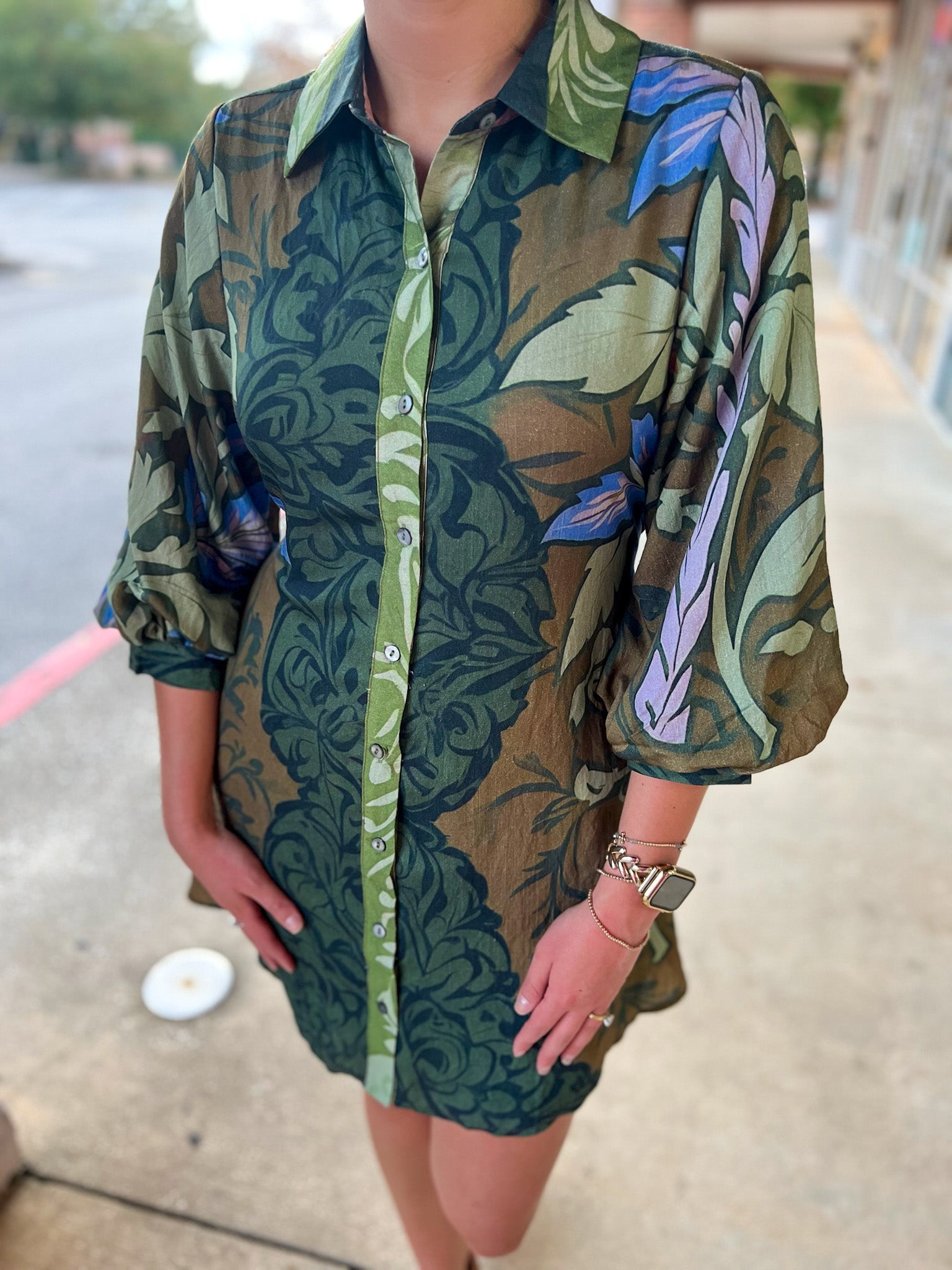 Green Floral Half Puff Sleeve Dress with Waist Tie - A'Bekah's Boutique