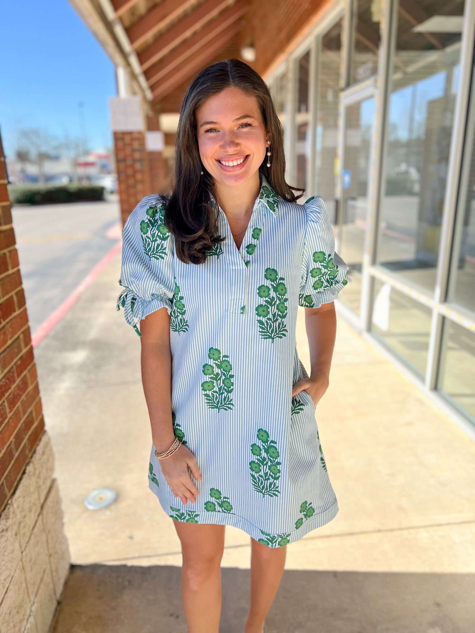 Green Floral Striped Dress with Short Puff Sleeves - A'Bekah's Boutique