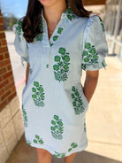 Green Floral Striped Dress with Short Puff Sleeves - A'Bekah's Boutique