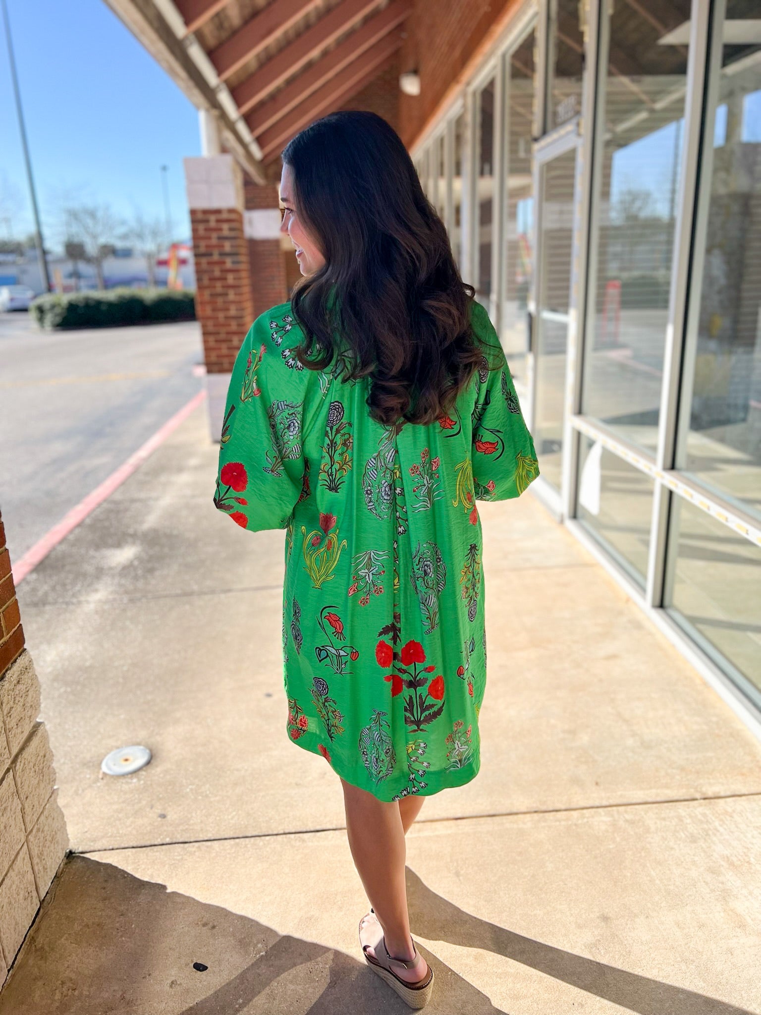 Green Floral V - Neck Dress with Elbow Length Puff Sleeves (R) - A'Bekah's Boutique