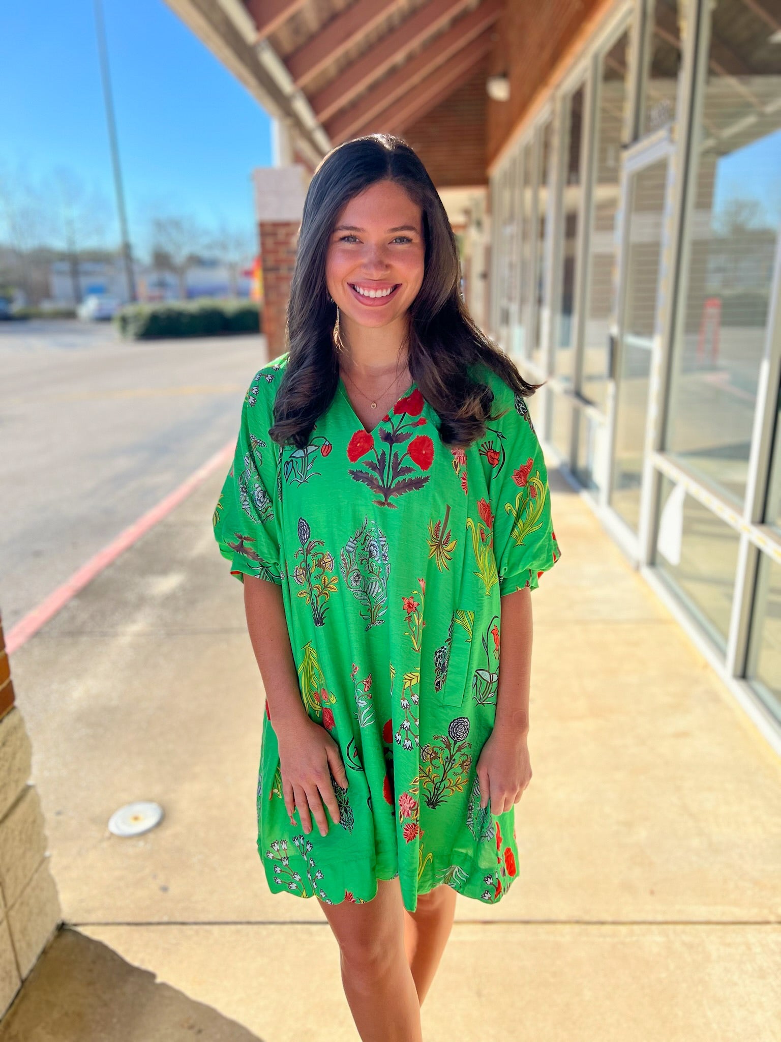 Green Floral V - Neck Dress with Elbow Length Puff Sleeves (R) - A'Bekah's Boutique